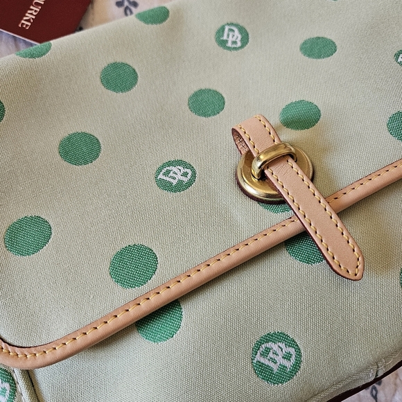 NWT Dooney & Bourke Green Polka Dot Flap Crossbody Canvas Leather Purse - Picture 8 of 14